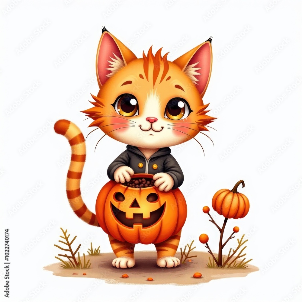 cat with pumpkin isolated halloween illustration in watercolor style. cute character jack-o-lantern cat with pumpkin isolated halloween illustration in watercolor style. cute character jack-o-lantern