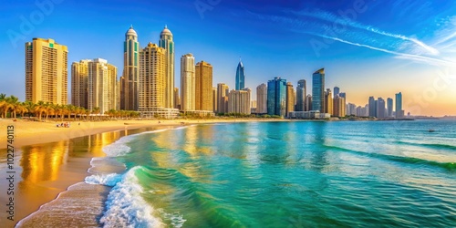 Serene JBR Beach with Soft Waves, Golden Sands, and Clear Blue Sky in Dubai's Iconic Coastal Area photo