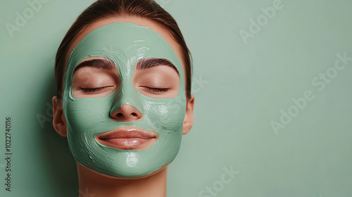 A woman enjoying a relaxing face mask treatment, showcasing a green mud mask on her smooth skin, with a serene expression against a soft green background. photo