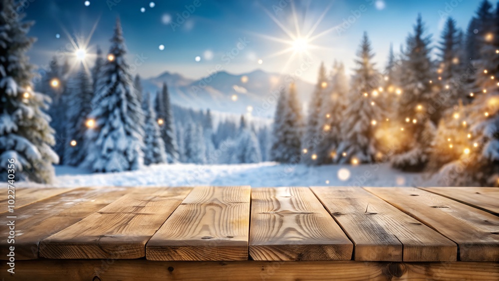 Fototapeta premium A wooden table with a snowy forest background illuminated by sunlight. Ideal for winter-themed product mockups or holiday designs with ample copy space.