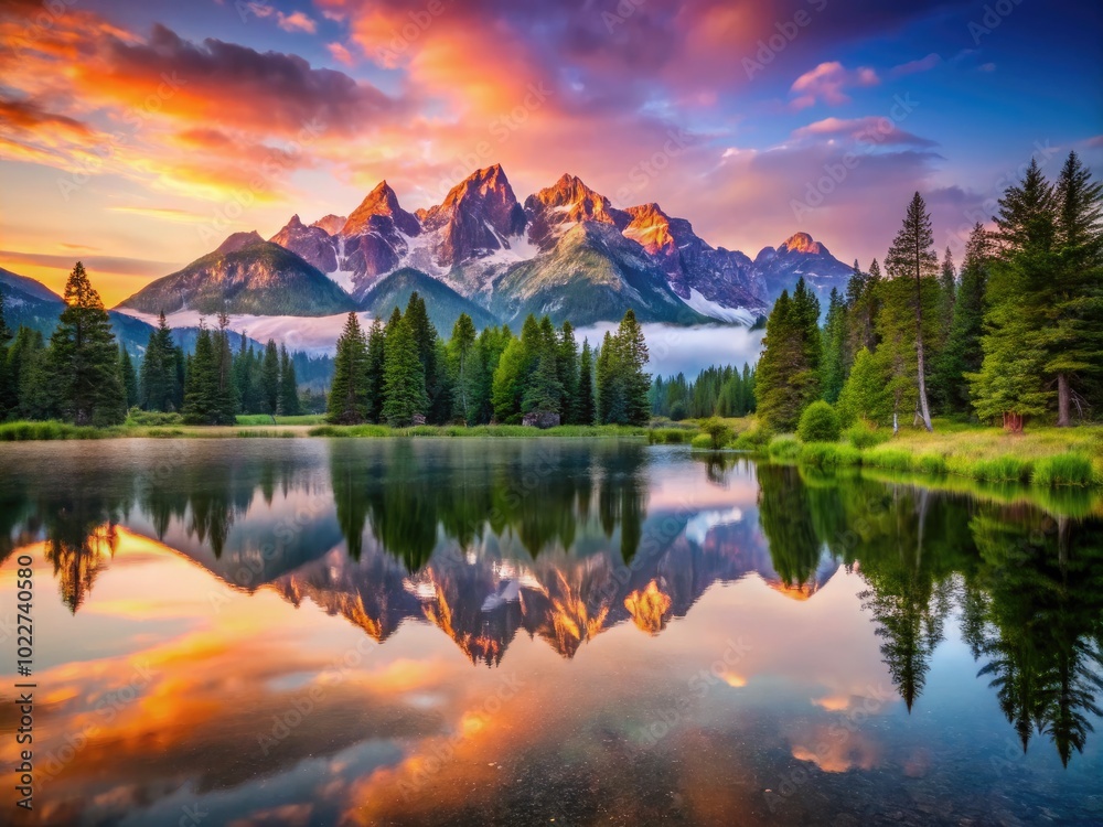 Serene Lake Reflection at Dawn with Majestic Mountains and Lush Trees in a Peaceful Landscape Serene Lake Reflection at Dawn with Majestic Mountains and Lush Trees in a Peaceful Landscape