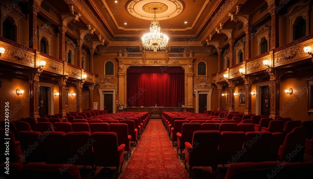 Elegant theater interior with red seats and chandelier under warm ...
