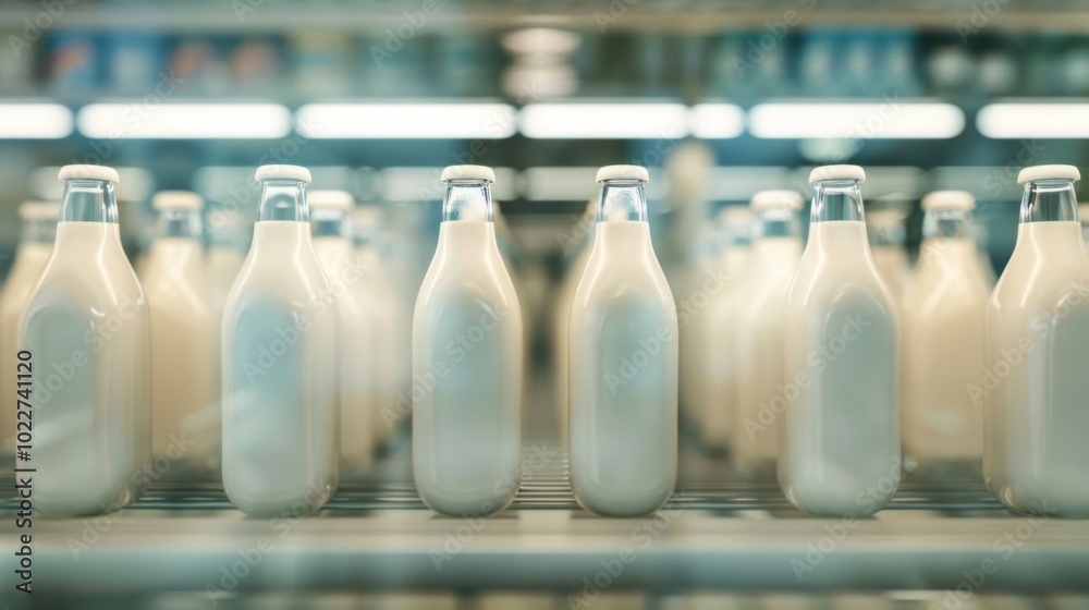 A row of milk bottles are lined up on a shelf A row of milk bottles are lined up on a shelf