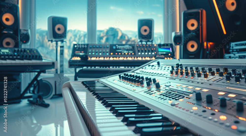 A music production studio with equipment, Audio Mixing Console in a Recording Studio.