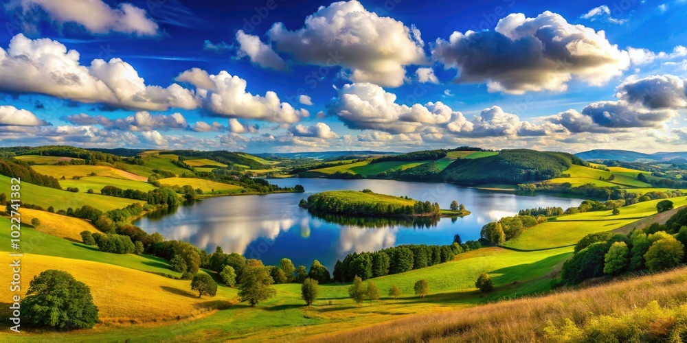 Serene landscape featuring rolling hills and a tranquil lake under a clear blue sky with clouds Serene landscape featuring rolling hills and a tranquil lake under a clear blue sky with clouds