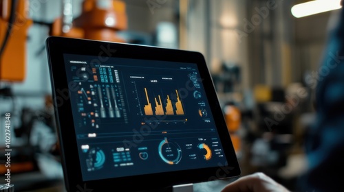 A tablet dashboard displaying various drilling metrics for an artisan water well exploration project, with the operator managing the rig remotely