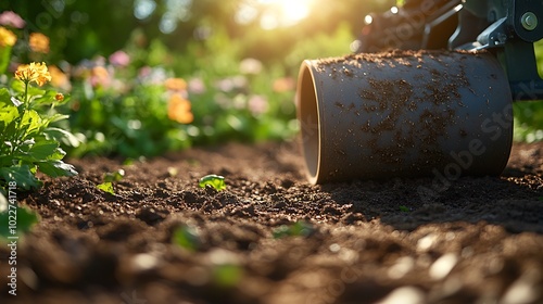 A close-up of an electric garden roller flattening soil in a well-maintained garden, vibrant green plants surrounding the area, bright sunlight casting soft shadows,