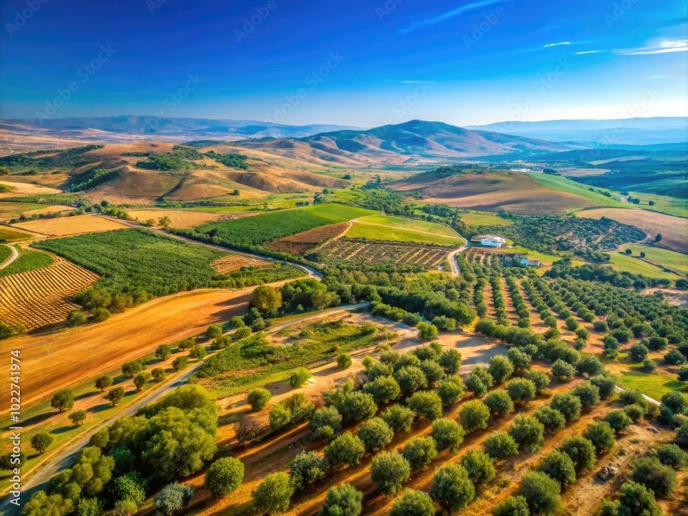 Serene Landscape of Canaan with Rolling Hills, Olive Trees, and Clear Blue Sky in Daylight Serene Landscape of Canaan with Rolling Hills, Olive Trees, and Clear Blue Sky in Daylight