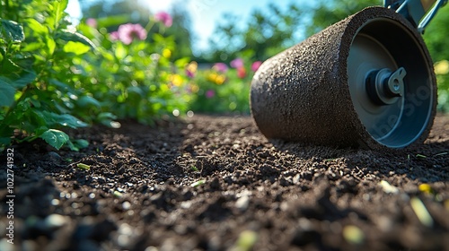 A close-up of an electric garden roller smoothing out soil in a flower garden, bright green plants in the background, sunlight reflecting off the metallic surface of the roller,