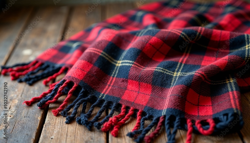 Rustic Scottish tartan blanket draped over wooden surface with fringes Rustic Scottish tartan blanket draped over wooden surface with fringes