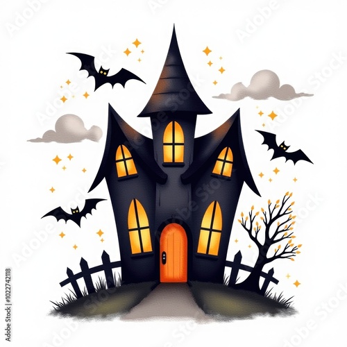 haunted house isolated halloween illustration in watercolor style. cute character photo