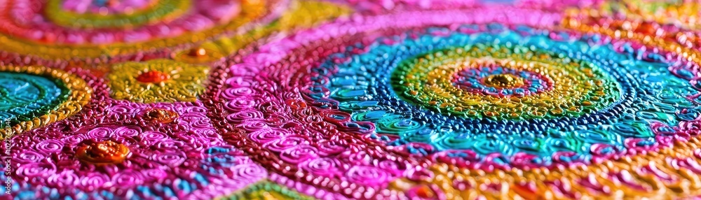Vibrant and intricate textile pattern showcasing colorful circular designs, perfect for creative projects and visual inspiration. Vibrant and intricate textile pattern showcasing colorful circular designs, perfect for creative projects and visual inspiration.