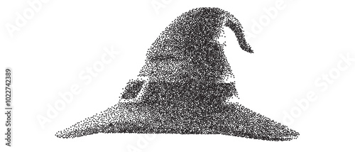 Wizard hat silhouette in grain stipple style. Grunge monochrome dotworks elements. Trendy modern vector illustration.