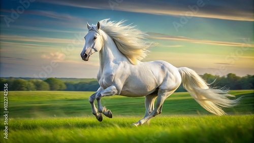 Minimalist Elegance of a Running White Friesian Horse in Nature