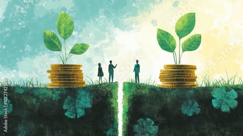 Investors illustrated making eco-friendly choices to grow wealth while supporting sustainable business practices and protecting the planet, illustrations
