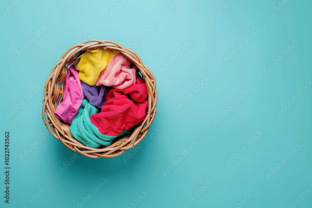 Fototapeta premium Colorful assortment of laundry piled in a woven basket on a teal background