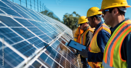 A group of technicians in safety gear, inspecting a row of solar panels with modern diagnostic equipment such as infrared thermometers and digital tablets. photo