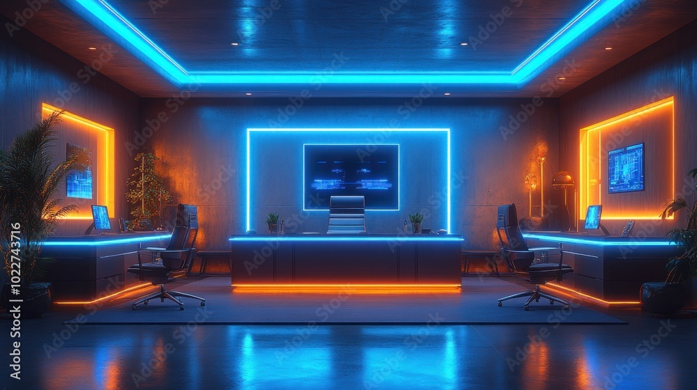 Futuristic office space with neon lighting and modern design. Futuristic office space with neon lighting and modern design.