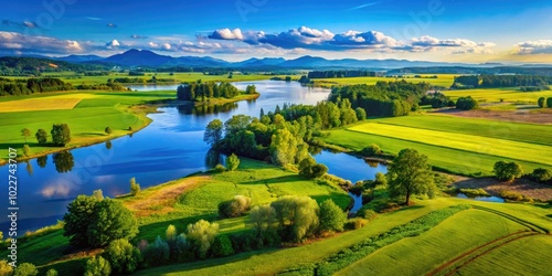 Serene Landscape of Sauvie Island with Lush Green Fields and Tranquil Water Under Blue Sky photo
