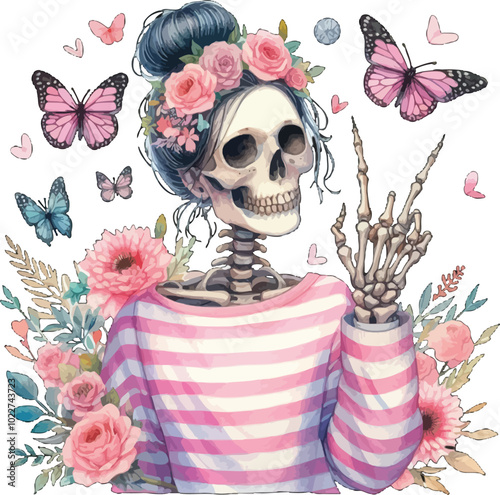 female skeleton with a bun hairstyle wearing