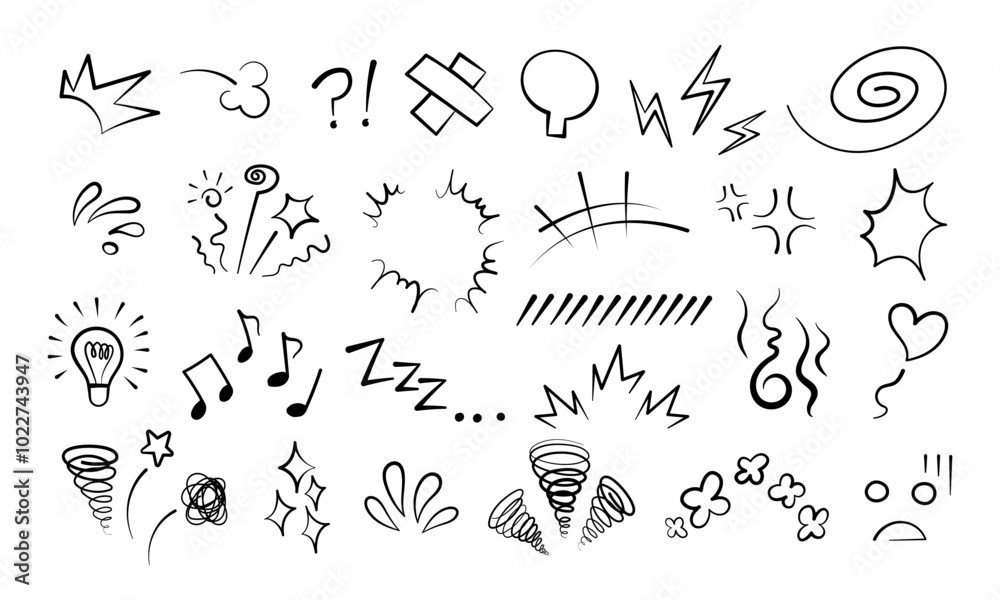 Obraz premium Manga or anime comic emoticon element graphic effects hand drawn doodle vector illustration set isolated on white background. Line style manga doodle line expression scribble anime mark collection.