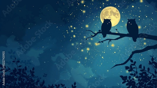 A night scene with a pair of owls perched on a branch, under a starry sky