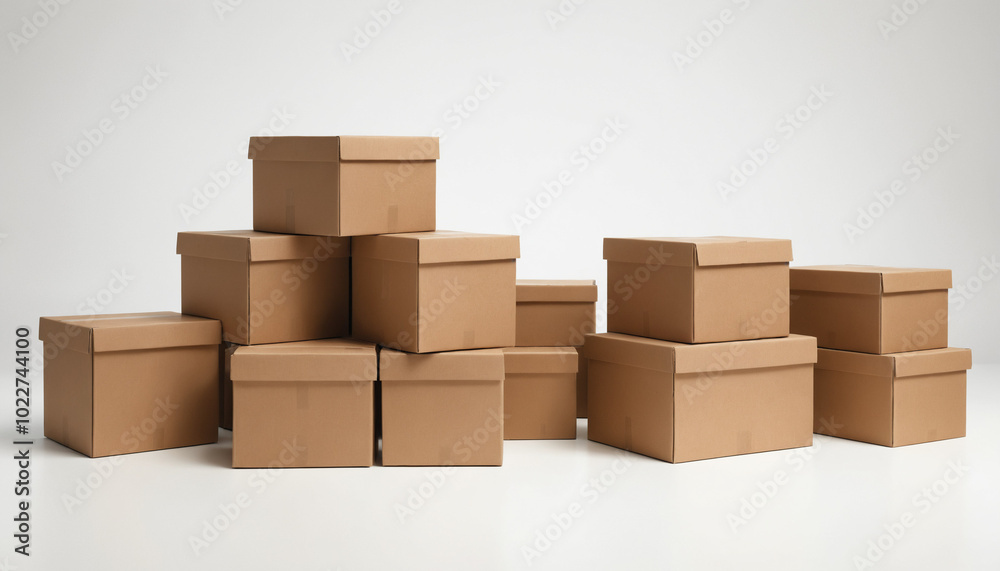 Stack of Realistic Cardboard Boxes on White Background. Stack of Realistic Cardboard Boxes on White Background.
