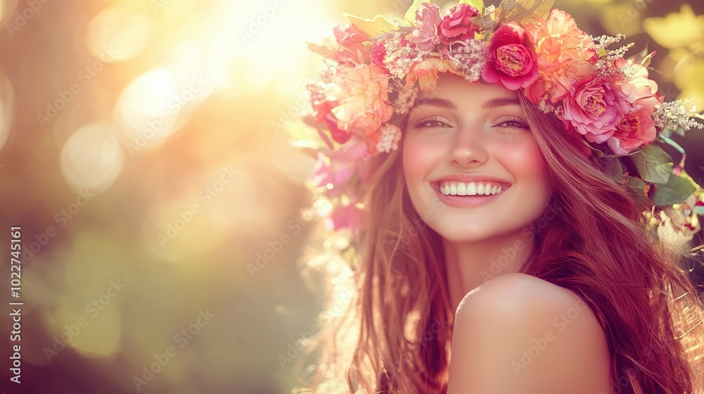 Beautiful woman wearing colorful flower crown on her head. Girl with crown standing outdoors on blurred background Beautiful woman wearing colorful flower crown on her head. Girl with crown standing outdoors on blurred background