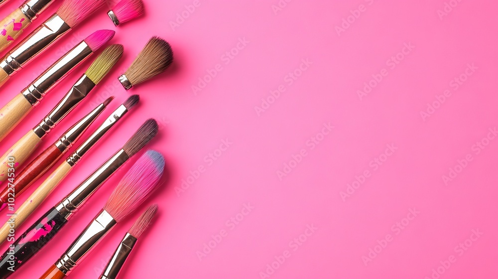 A pink background with space for writing, showing a collection of high-quality paintbrushes. A pink background with space for writing, showing a collection of high-quality paintbrushes.