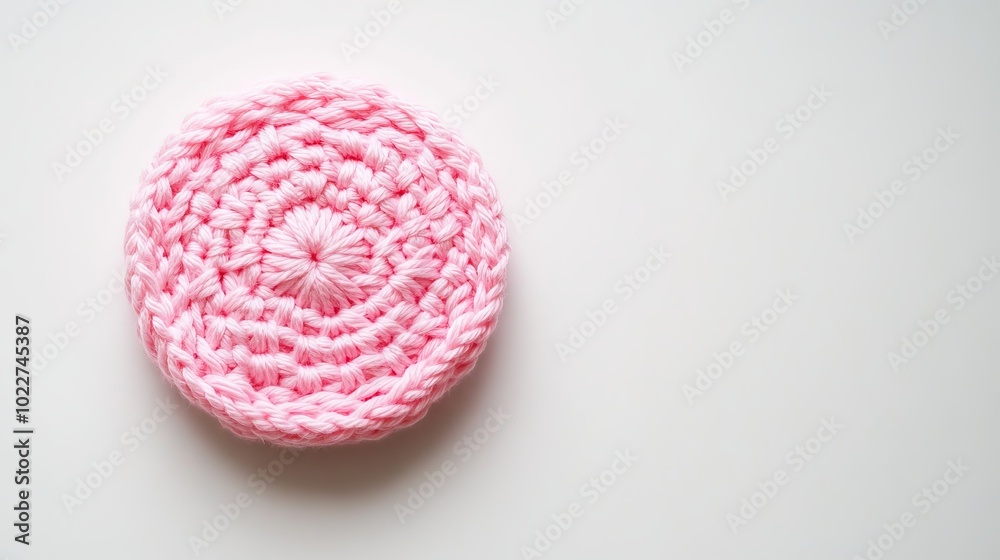 A pink crocheted circle stands out against a white backdrop. A pink crocheted circle stands out against a white backdrop.