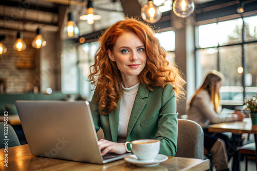 A red-haired, curly-haired businesswoman in a cafe. She is wearing a casual green jacket. A woman is working on a laptop, next to a cup of coffee.