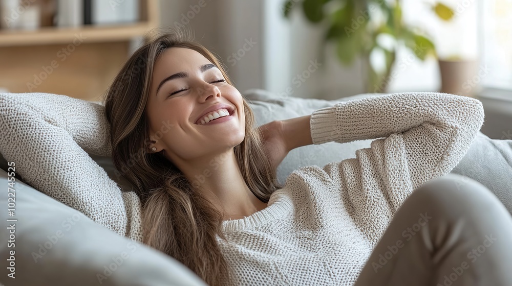 Happy woman relaxing on living room sofa smiling and closing her eyes Happy woman relaxing on living room sofa smiling and closing her eyes