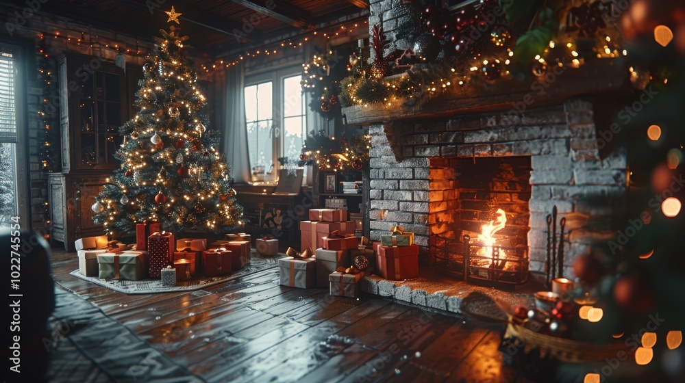 Festive living room with a Christmas tree and scattered gifts under soft, warm lighting from the fireplace Festive living room with a Christmas tree and scattered gifts under soft, warm lighting from the fireplace