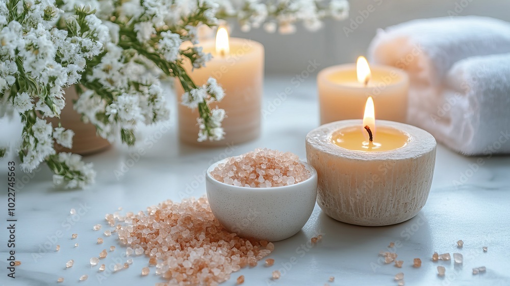 A relaxing spa setting with candles burning, flowers, and sea salt on a white marble table. A relaxing spa setting with candles burning, flowers, and sea salt on a white marble table.