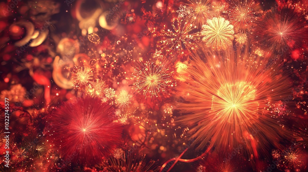 Fototapeta premium Colorful Fireworks Lighting Up the Night Sky, Celebrating New Year’s Eve with Festive Christmas Background