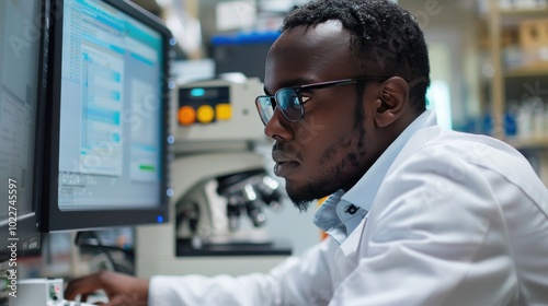 A technician troubleshooting a computer, looking at diagnostic software on the monitor. The atmosphere is focused, showcasing the process of identifying hardware issues. photo