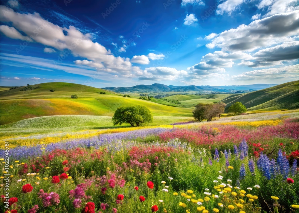 Serene Landscape with Rolling Hills and Vibrant Wildflowers Under a Clear Blue Sky in Springtime Serene Landscape with Rolling Hills and Vibrant Wildflowers Under a Clear Blue Sky in Springtime