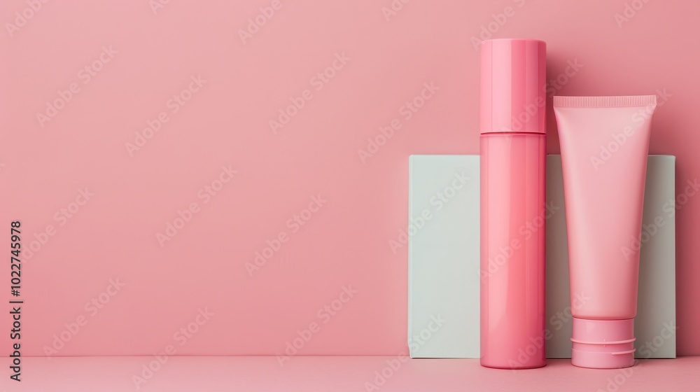 Pink Cosmetic Bottles on a Pastel Pink and White Background Pink Cosmetic Bottles on a Pastel Pink and White Background
