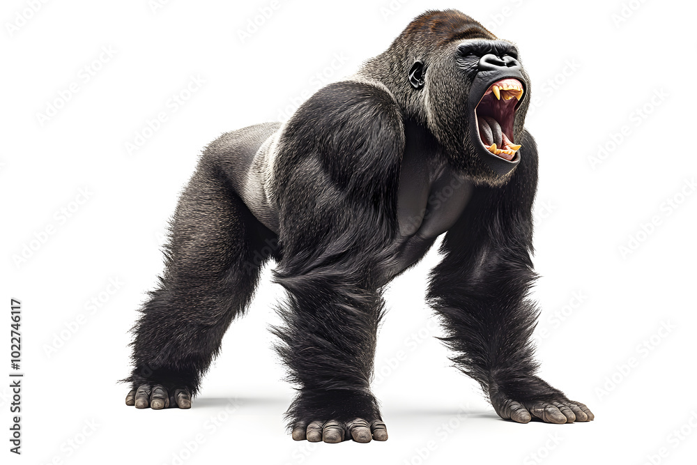 Strong gorilla standing and roaring isolated on white background Strong gorilla standing and roaring isolated on white background