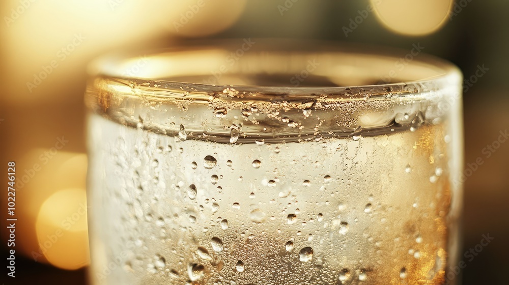 A close-up of a glass of cold water with condensation forming tiny water droplets on its surface, glistening in soft light A close-up of a glass of cold water with condensation forming tiny water droplets on its surface, glistening in soft light