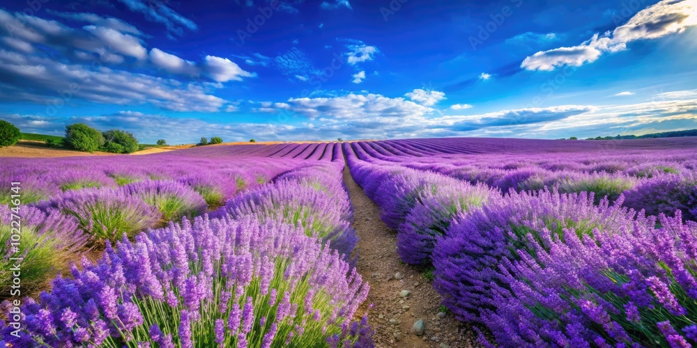 Obraz premium Serene Lavender Fields in Bloom Under a Clear Blue Sky, Capturing Nature's Tranquility and Beauty