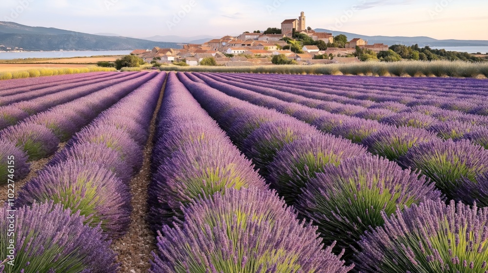 Lavender fields in bloom with a village and church in the background under a clear sky. Lavender fields in bloom with a village and church in the background under a clear sky.