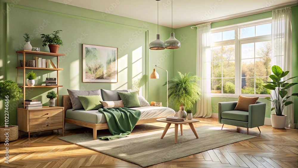 Serene Light Green Room with Modern Decor, Natural Light, and Cozy Atmosphere for Relaxation Serene Light Green Room with Modern Decor, Natural Light, and Cozy Atmosphere for Relaxation