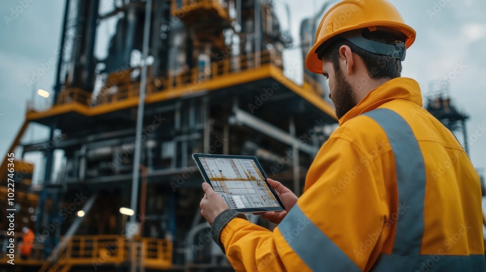 An oil exploration rig in operation, with a technician using a tablet to remotely control drilling depth and pressure An oil exploration rig in operation, with a technician using a tablet to remotely control drilling depth and pressure