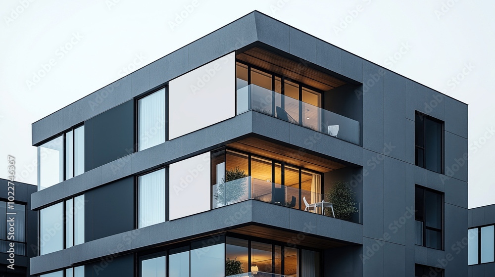 Modern minimalistic apartment building with large glass windows and balconies, featuring sleek lines and geometric architecture. Modern minimalistic apartment building with large glass windows and balconies, featuring sleek lines and geometric architecture.