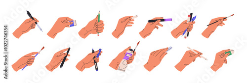 Painters' hands with different stationery set. Artists hold pen, pencil, brush, paint, eraser, chalk. Art tools for painting, drawing, writing. Flat isolated vector illustrations on white background