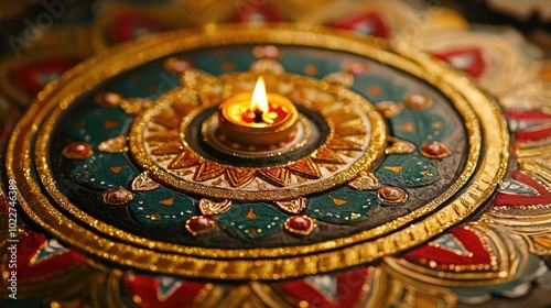 Wallpaper Mural A beautifully crafted decorative diya on a vibrant mandala, emitting a warm glow, perfect for festive celebrations and traditions. Torontodigital.ca