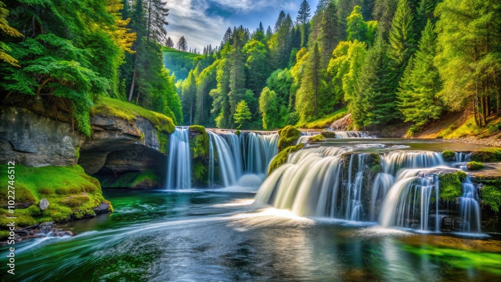 Fototapeta premium Serene Lower Lewis River Falls Cascading Through Lush Green Forest in Washington State, USA