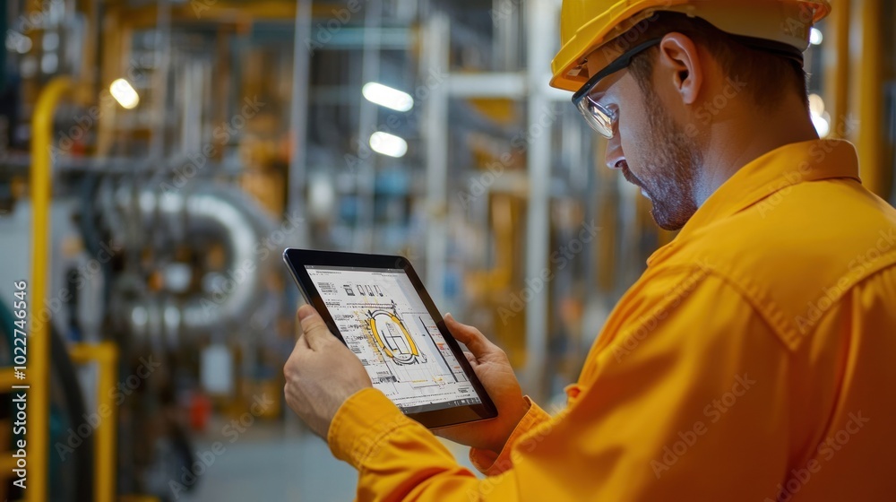 An operator adjusting rig automation settings via tablet, fine-tuning the drilling process to ensure efficiency and safety in gas exploration An operator adjusting rig automation settings via tablet, fine-tuning the drilling process to ensure efficiency and safety in gas exploration