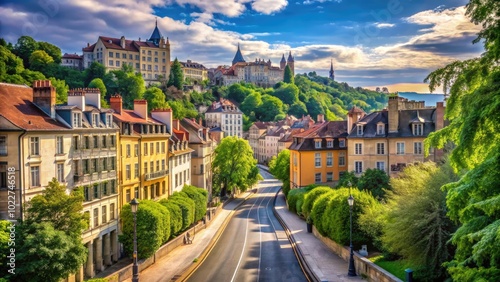 Serene Lyon Road Surrounded by Lush Greenery and Charming Architecture on a Clear Sunny Day